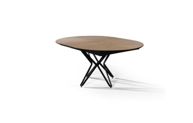 Mesa de comedor redonda extensible moderna de madera marrón.