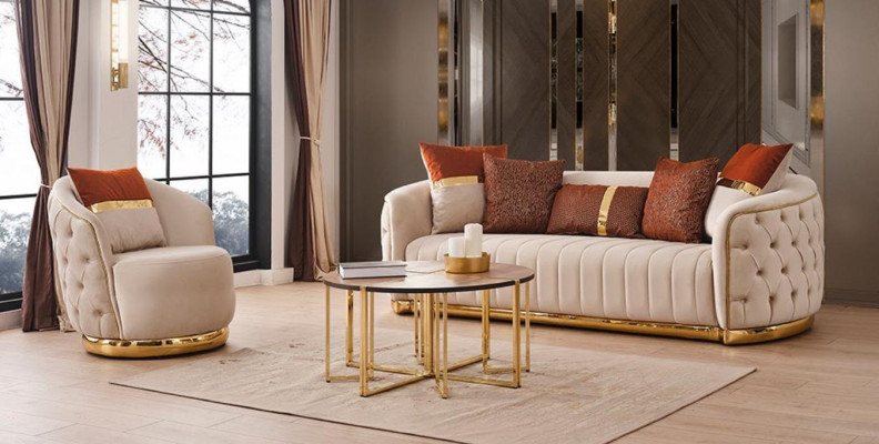 Set de sala de estar de 2 piezas con un sofá de tres plazas moderno y un sillón de tela.