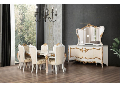 Conjunto completo de mesa de comedor + 6 sillas, grupo de comedor de madera aparador + espejo de 9 piezas.