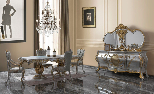 Grupo de comedor, comedor, mesa de comedor, sillas, conjunto de madera de 11 piezas en gris, estilo barroco, aparador.