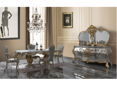 Grupo de comedor, comedor, mesa de comedor, sillas, conjunto de madera de 11 piezas en gris, estilo barroco, aparador.