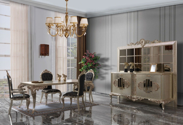 Conjunto de comedor de lujo, aparador, comedor, mesa, sillas, madera, 10 piezas, beige
