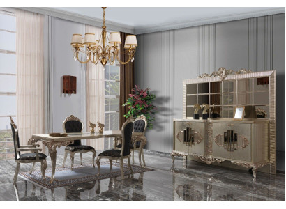 Conjunto de comedor de lujo, aparador, comedor, mesa, sillas, madera, 10 piezas, beige