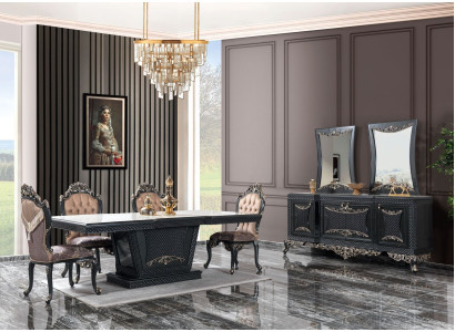 Grupo de comedor, comedor, mesa de comedor, sillas, juego de madera de 12 piezas, gris, estilo barroco, aparador.