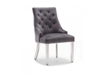 Silla de comedor Chesterfield gris, silla tapizada de tela, una plaza de lujo.