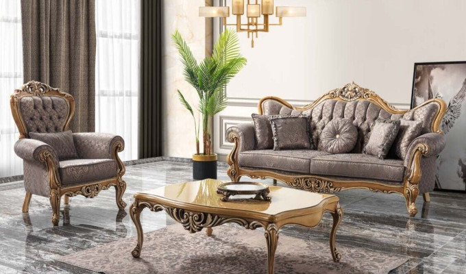 Conjunto de sofás Chesterfield de tres plazas con sillón de tela y mesa de centro en gris.
