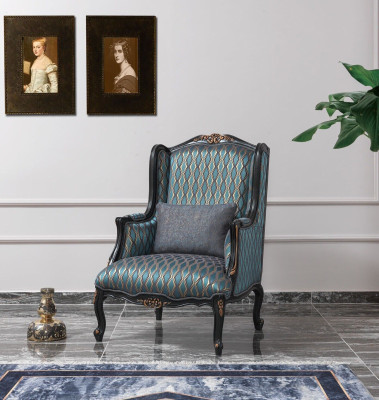 Conjunto de sofá Chesterfield de tres plazas, sillón, mesa de centro de tela azul nuevo.