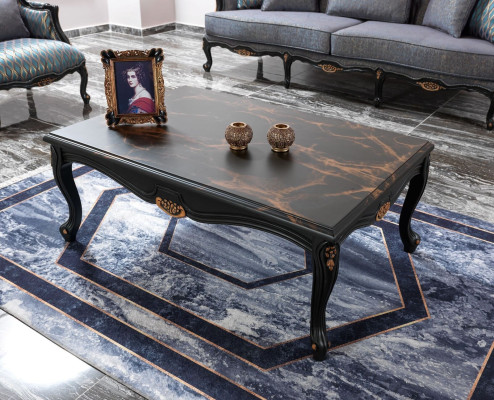 Conjunto de sofá Chesterfield de tres plazas, sillón, mesa de centro de tela azul nuevo.