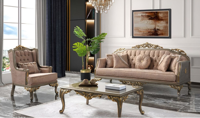 Conjunto de sofás Chesterfield de tres plazas, sillón, mesa de centro de tela beige nuevo.