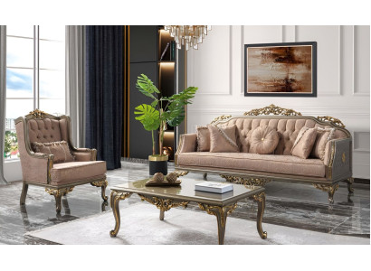 Conjunto de sofás Chesterfield de tres plazas, sillón, mesa de centro de tela beige nuevo.