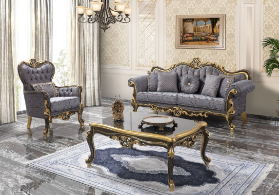 Chesterfield conjunto de sofás, sofá tapizado, sofá azul de tres plazas y sillón.