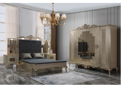 Cama doble Chesterfield de lujo con juego de dormitorio, cama de 5 piezas en oro.