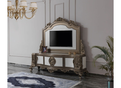 Soporte para TV en la sala de estar, aparador, mesa baja de madera marrón lujo.