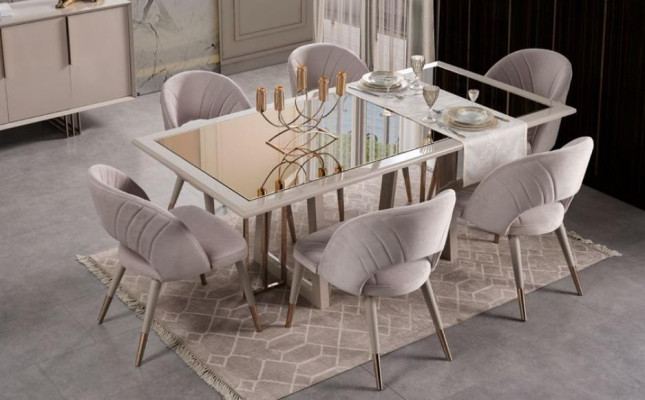 Comedor de lujo, conjunto de comedor, comedor, mesa de comedor, sillas, beige, juego de madera de 8 piezas.