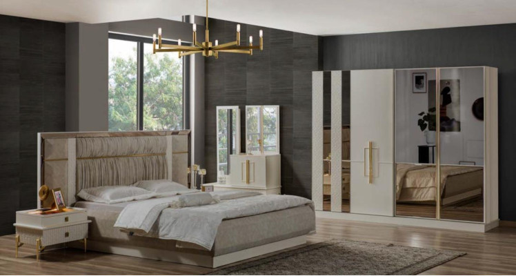 Juego de dormitorio de lujo de cama doble de madera con tela beige - Set de cama de 5 piezas.