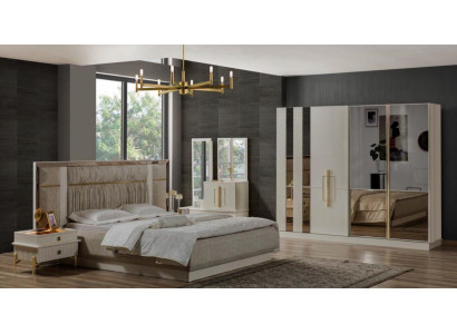 Juego de dormitorio de lujo de cama doble de madera con tela beige - Set de cama de 5 piezas.