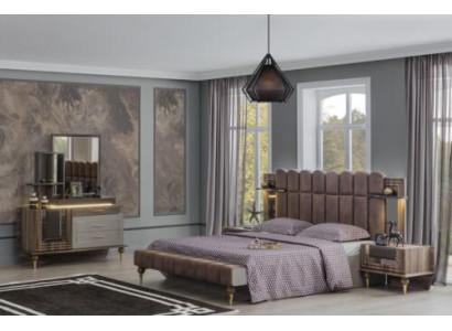 Juego de cama doble de lujo para dormitorio de madera marrón tela conjunto de cama de 4 piezas.