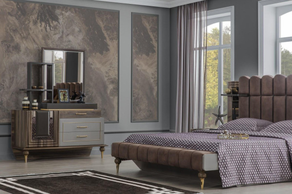 Juego de cama doble de lujo para dormitorio de madera marrón tela conjunto de cama de 4 piezas.