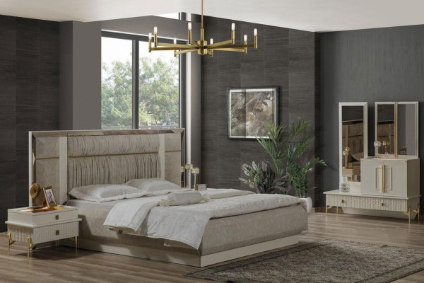 Conjunto de dormitorio cama doble de madera beige con tela de 3 piezas.