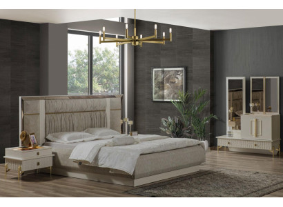 Conjunto de dormitorio cama doble de madera beige con tela de 3 piezas.