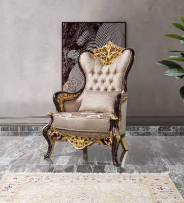 Sillón orejero Beige Barroco Tapizado en Tela de Poliéster para Sala de Estar