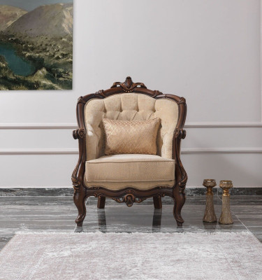 Butaca orejera asiento de tela beige de poliéster de madera sala de estar barroco.