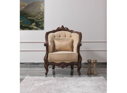 Butaca orejera asiento de tela beige de poliéster de madera sala de estar barroco.