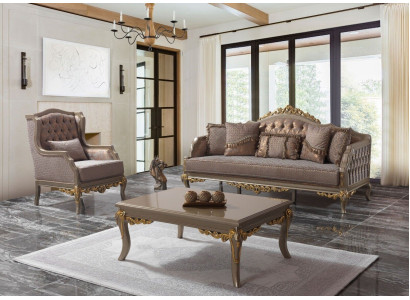 Juego de sofá tapizado de tela marrón Chesterfield.