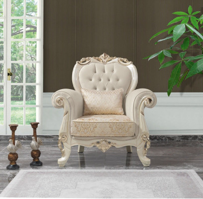 Sillón de una plaza orejero asiento tela beige poliéster madera barroco