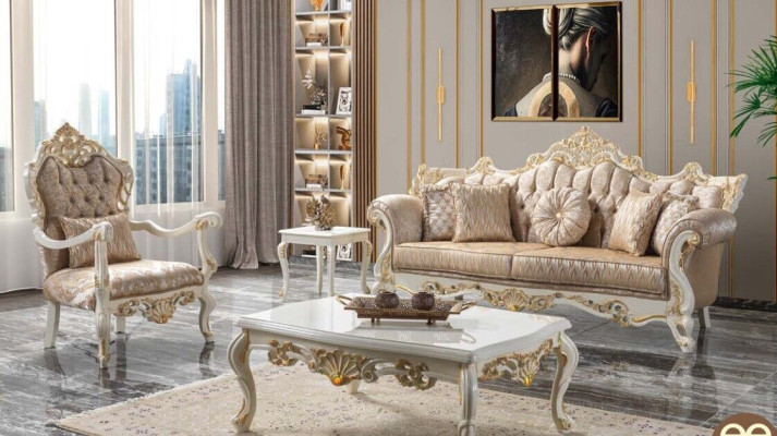 Sofá de lujo conjunto de sofá tapizado Chesterfield tela beige.