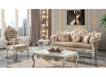 Sofá de lujo conjunto de sofá tapizado Chesterfield tela beige.