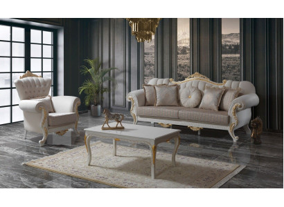Conjunto de sofás de lujo completo en beige, sofá tapizado de tela.
