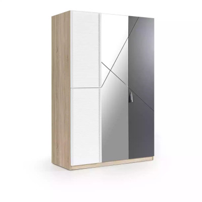 Armario de 3 puertas de madera gris con espejo para habitación infantil.