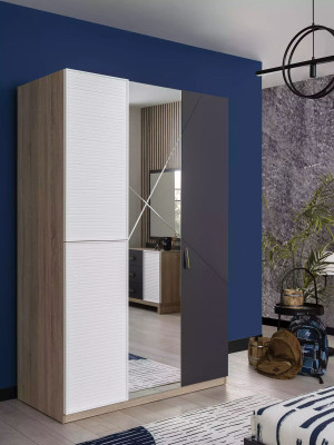 Armario de 3 puertas de madera gris con espejo para habitación infantil.
