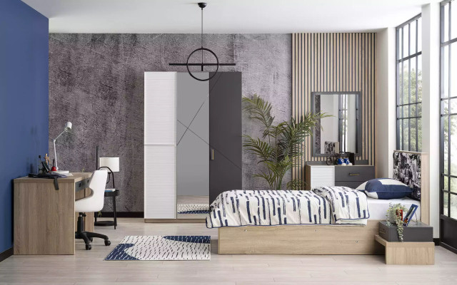 Armario de 3 puertas de madera gris con espejo para habitación infantil.