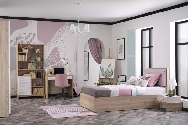 Cama infantil Marco de cama de madera rosa Habitación infantil Cama con cajón Moderna