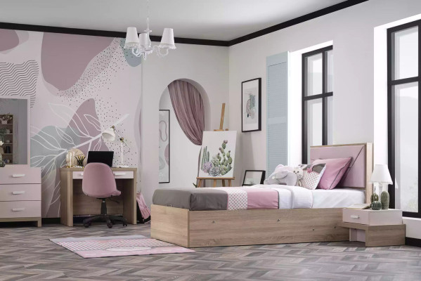Cama infantil Marco de cama de madera rosa Habitación infantil Cama con cajón Moderna