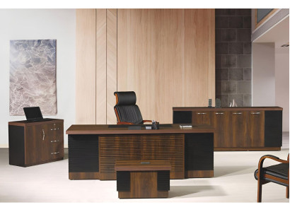 Escritorio de oficina, conjunto de muebles de oficina, oficina completa, juego de escritorio 4 piezas, madera marrón, oficina.