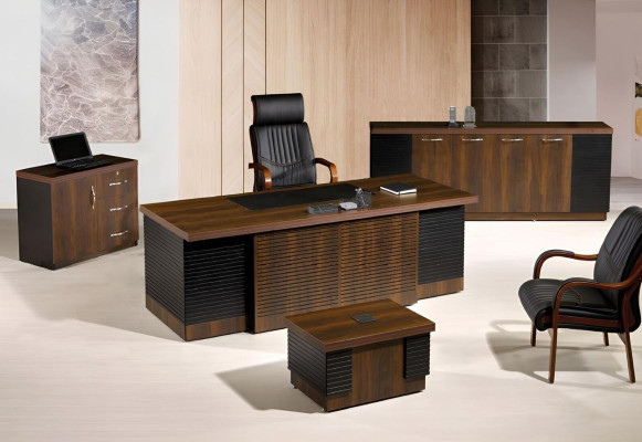 Escritorio de oficina, conjunto de muebles de oficina, oficina completa, juego de escritorio 4 piezas, madera marrón, oficina.