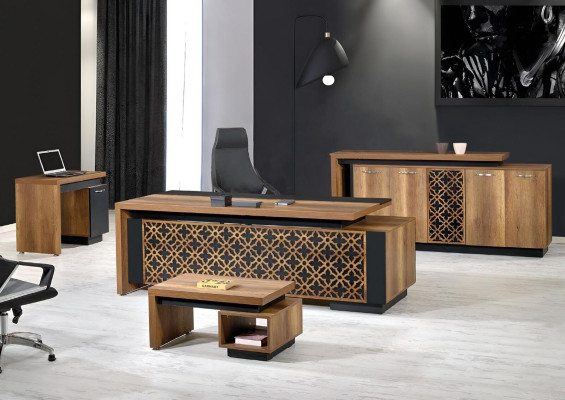 Muebles de oficina clásicos completos, escritorio de 4 piezas de madera marrón.