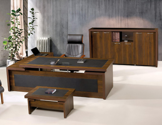 Mesa de esquina para oficina, juego completo de mesa de oficina, 3 piezas, madera marrón, mobiliario de oficina.