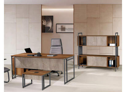 Muebles de oficina clásicos completos en color marrón con escritorio de esquina de madera de 3 piezas.