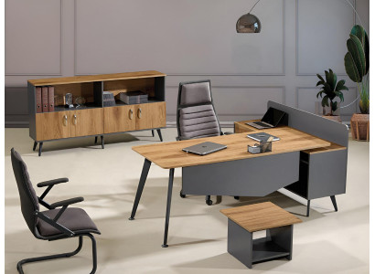 Conjunto de muebles de oficina. Escritorio de oficina en esquina. Juego de escritorio de 3 piezas de madera marrón. Oficina.