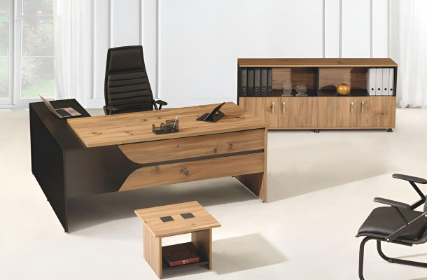 Muebles de oficina para computadora, escritorio de trabajo, muebles de oficina, 3 piezas de juego de mesa de madera marrón.