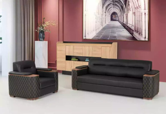 Sofá negro de tres plazas, sillón de lujo para la sala de estar, 2 piezas.