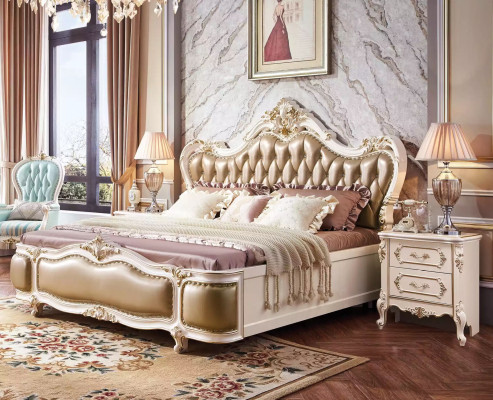 Conjunto de dormitorio de lujo clásico de lujo de 3 piezas con cama y 2 mesitas de noche nuevas.