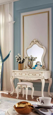 Conjunto de dormitorio clásico Muebles tocador con espejo Taburete 2 piezas