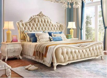 Conjunto de dormitorio clásico: cama chesterfield, 2 mesitas de noche de madera maciza, 3 piezas.