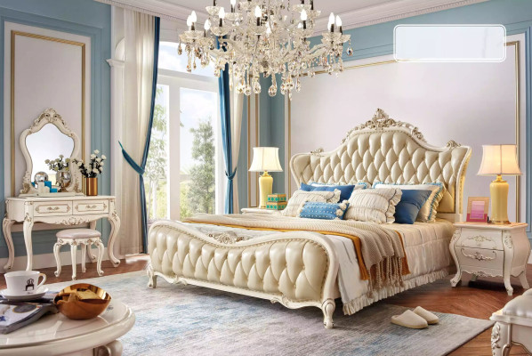 Conjunto de dormitorio clásico: cama chesterfield, 2 mesitas de noche de madera maciza, 3 piezas.