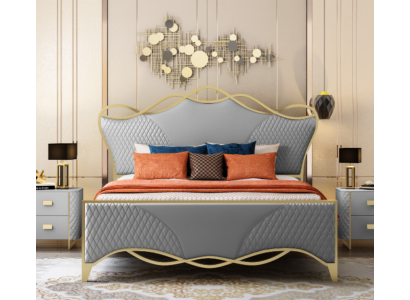 Elegante cama de dormitorio de diseñador de cuero artificial con marco de madera doble.